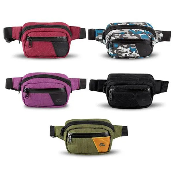 Five Skunk Hipster Bag Smell Proof Odor Proof Bags in red, blue camo, purple, black, and green are shown in two rows. Each bag is water resistant, has zippered compartments, and features adjustable waist straps.